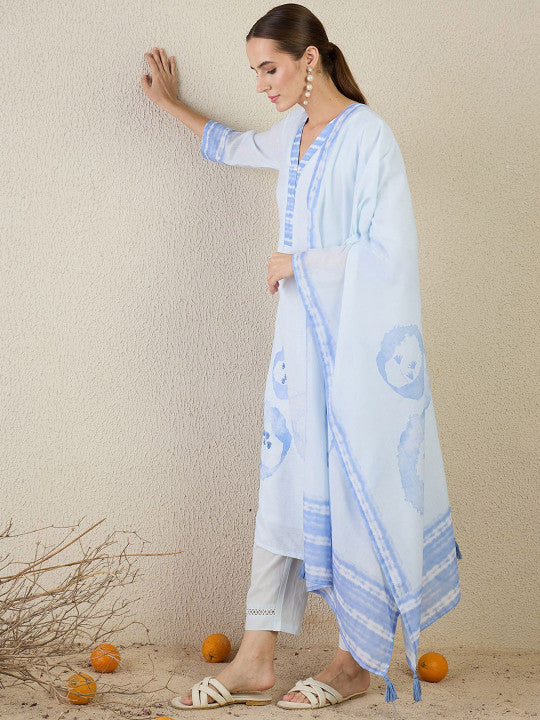 Indo Era Women Floral Printed V Neck Regular Linen Kurta with Trousers & Dupatta