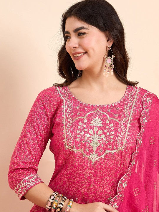 Anouk Floral Printed Sequinned Round Neck A-Line Kurta With Trousers & Dupatta
