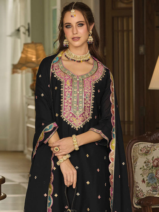 Indo Era Paisley Embroidered Sequinned Straight Kurta With Sharara And Dupatta