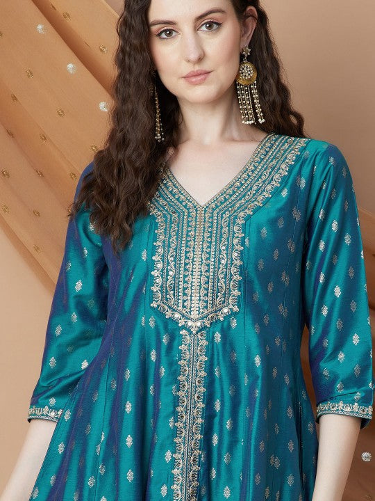 Floral Sequinned V-Neck A-Line Kurta