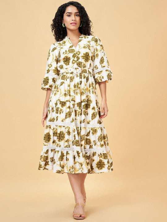 Honey by Pantaloons Floral Print Puff Sleeves Fit & Flare Midi Dress