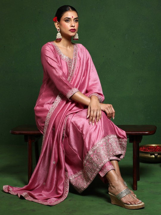 Varanga Floral Embroidered Round Neck A-Line Kurta