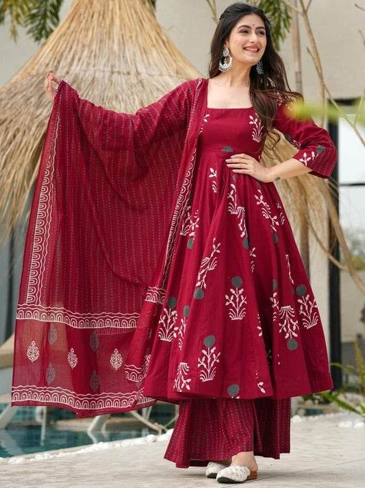 Idaho Clothing Women Floral Printed Regular Pure Cotton Kurta with Palazzos & With Dupatta