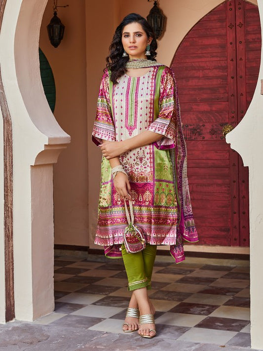 Biba Ethnic Motifs Printed Regular A-LIne Kurta with Trousers & Dupatta