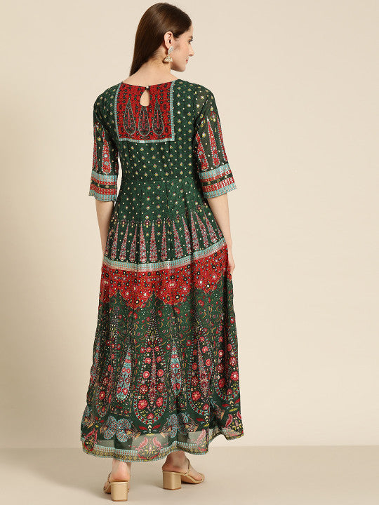 Georgette Embroidered Printed Maxi Ethnic Dress