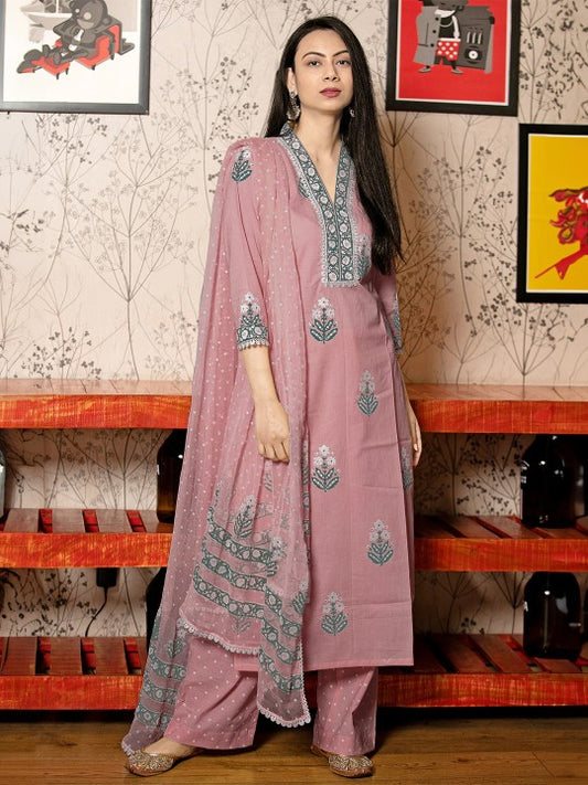 GoSriKi Floral Printed V-Neck Straight Kurta With Palazzos And Dupatta