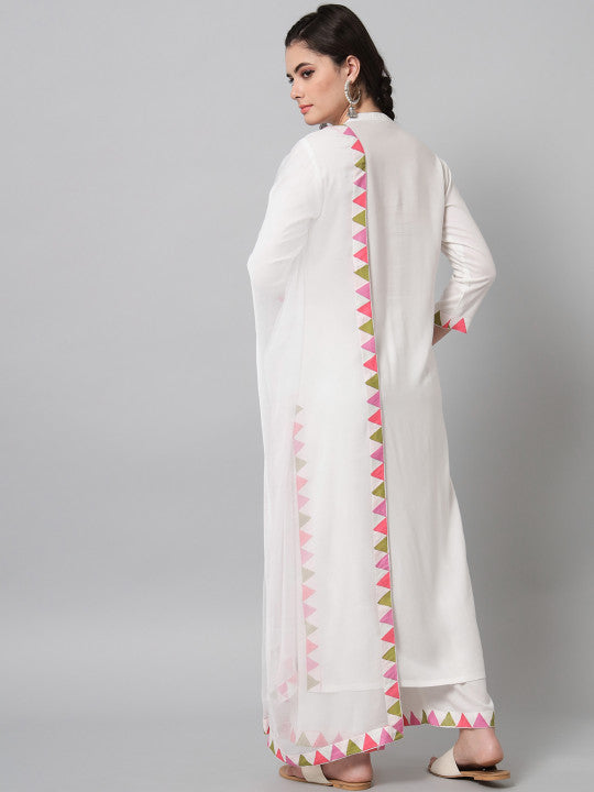Tulsattva Women White Floral Printed Kurta with Palazzos & With Dupatta