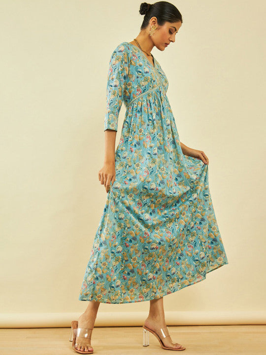 Floral Printed V-Neck Gathered Detailed Cotton Empire Midi Ethnic Dress