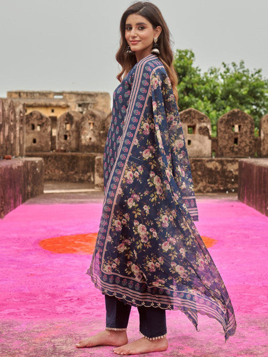Floral Printed V-Neck Gotta Patti Straight Kurta With Trouser & Dupatta
