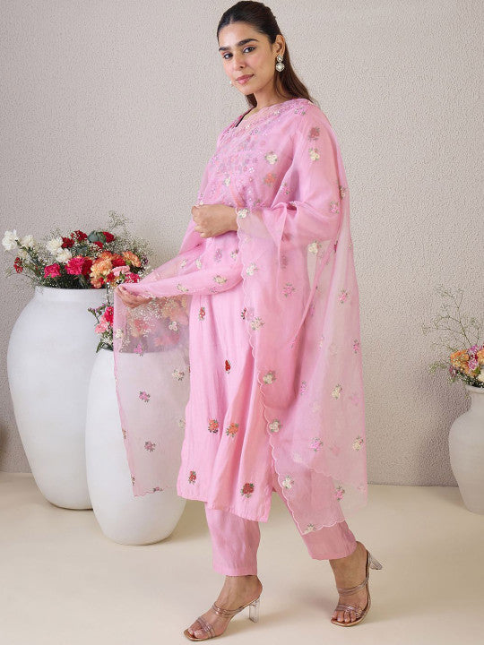 Indo Era Floral Embroidered Round Neck Thread Work Straight Kurta & Trousers & Dupatta