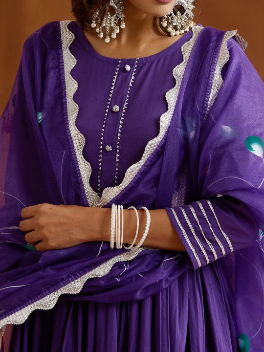 Ishin Gotta Patti Pure Cotton Round Neck Anarkali Kurta With Palazzos And Dupatta