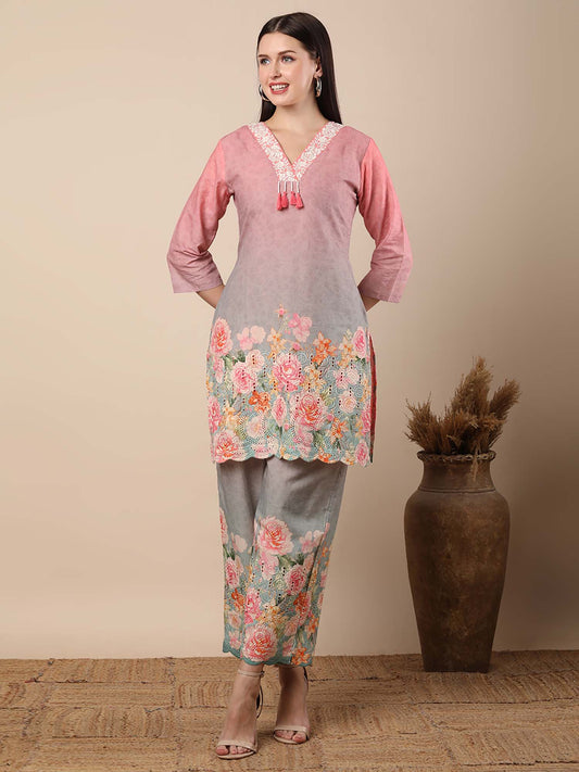 Abstract Floral Printed Straight Fit Co-Ord - Multi-Color (Set of 2)