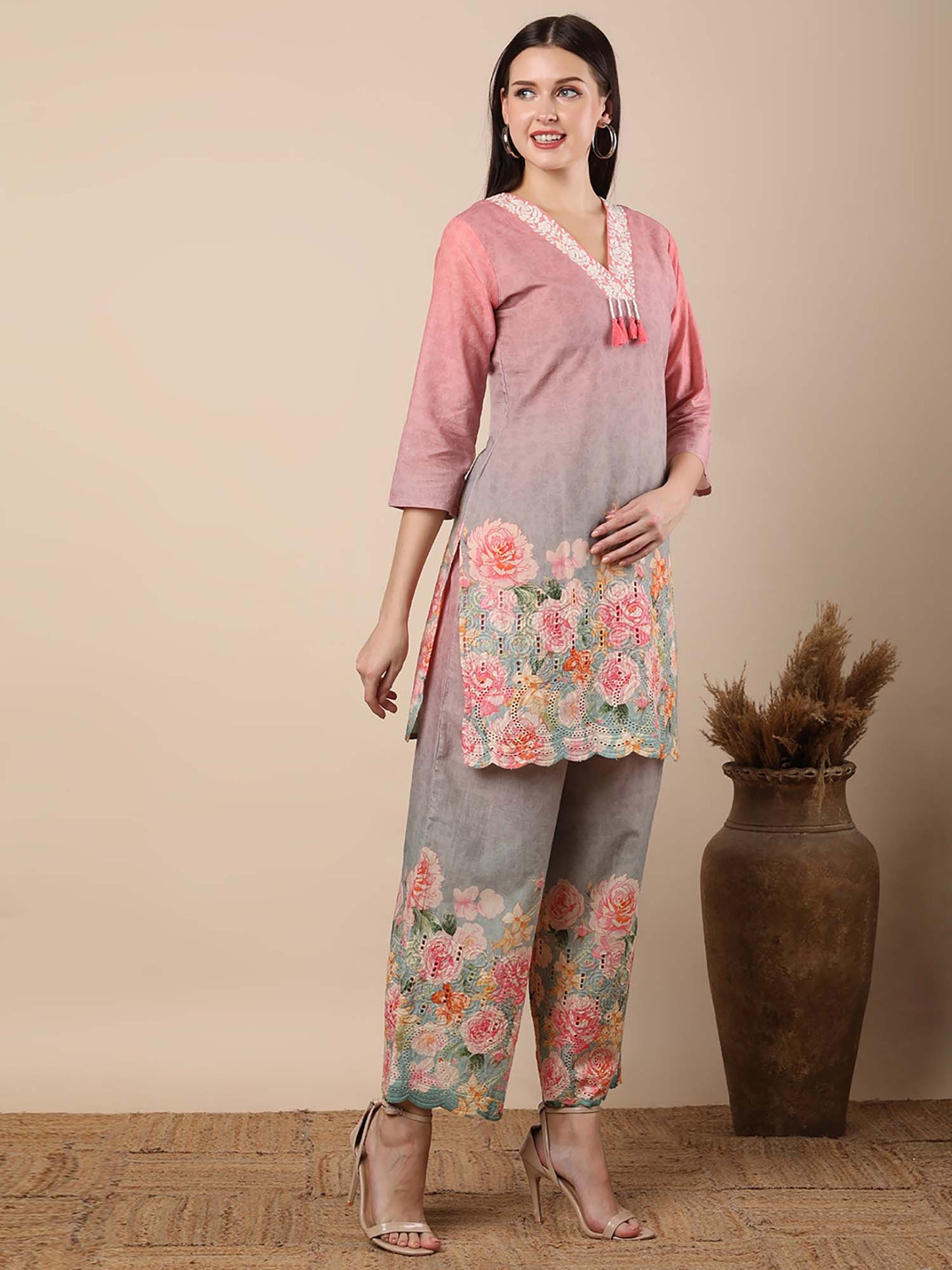 Abstract Floral Printed Straight Fit Co-Ord - Multi-Color (Set of 2)