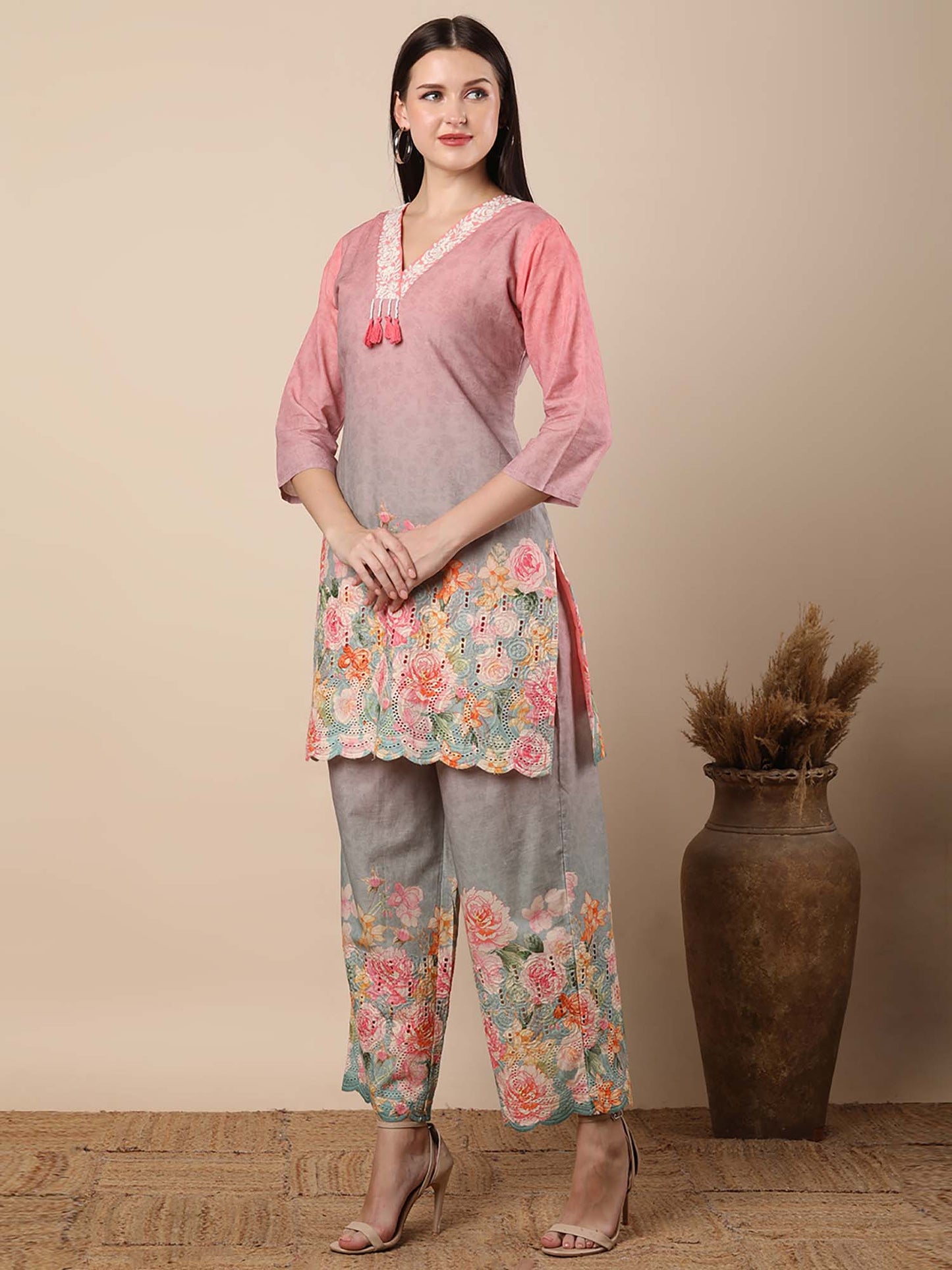 Abstract Floral Printed Straight Fit Co-Ord - Multi-Color (Set of 2)