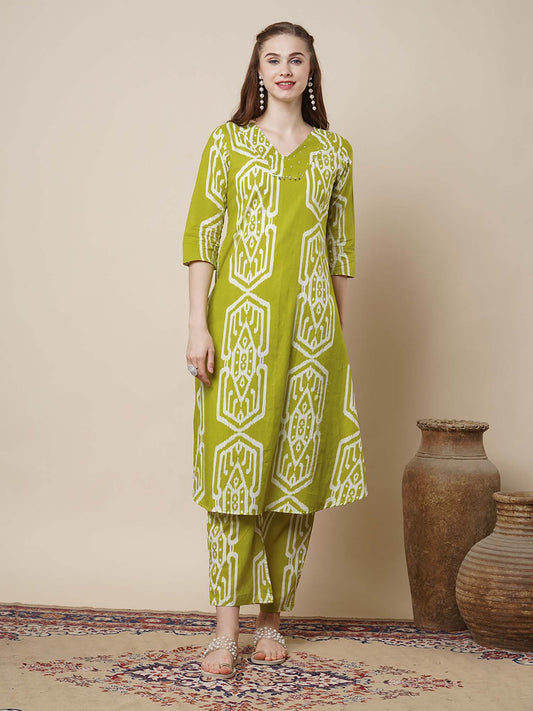 Ethnic Ikat Printed A-Line Flared Co-Ord - Lime Green (Set of 2)