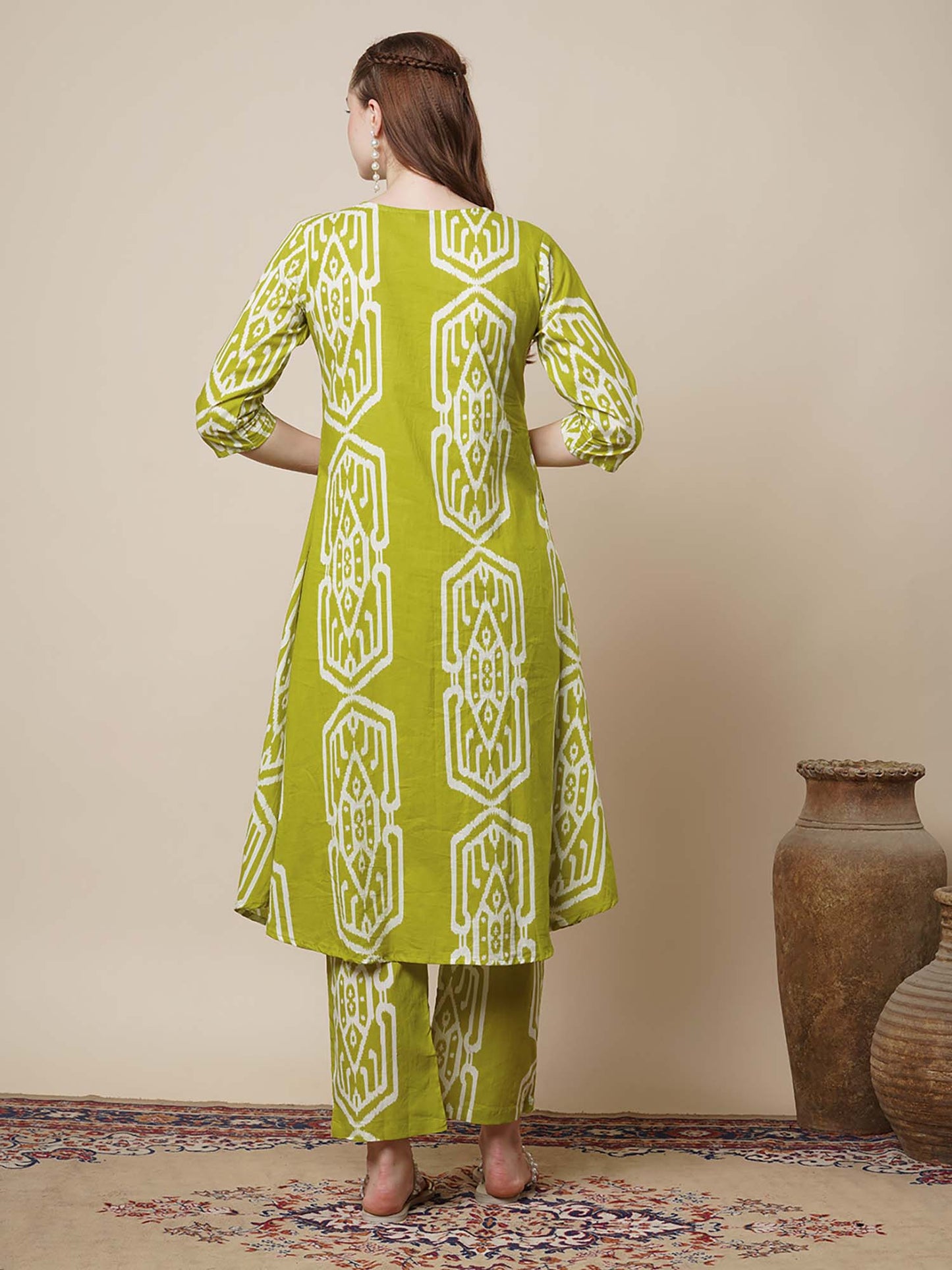 Ethnic Ikat Printed A-Line Flared Co-Ord - Lime Green (Set of 2)