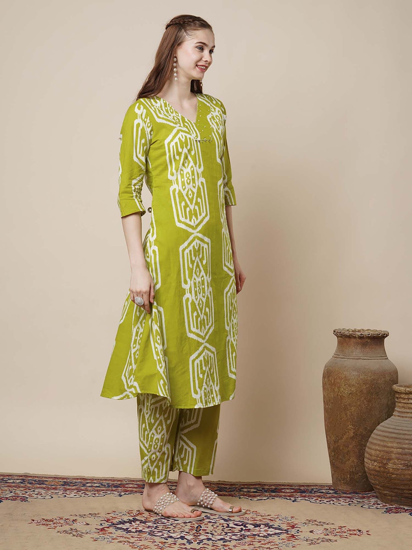 Ethnic Ikat Printed A-Line Flared Co-Ord - Lime Green (Set of 2)
