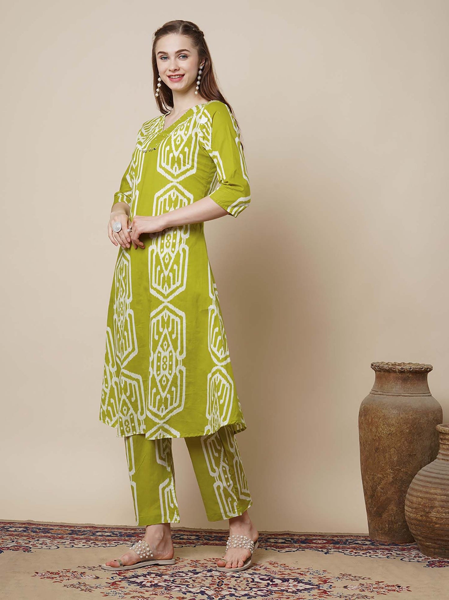 Ethnic Ikat Printed A-Line Flared Co-Ord - Lime Green (Set of 2)