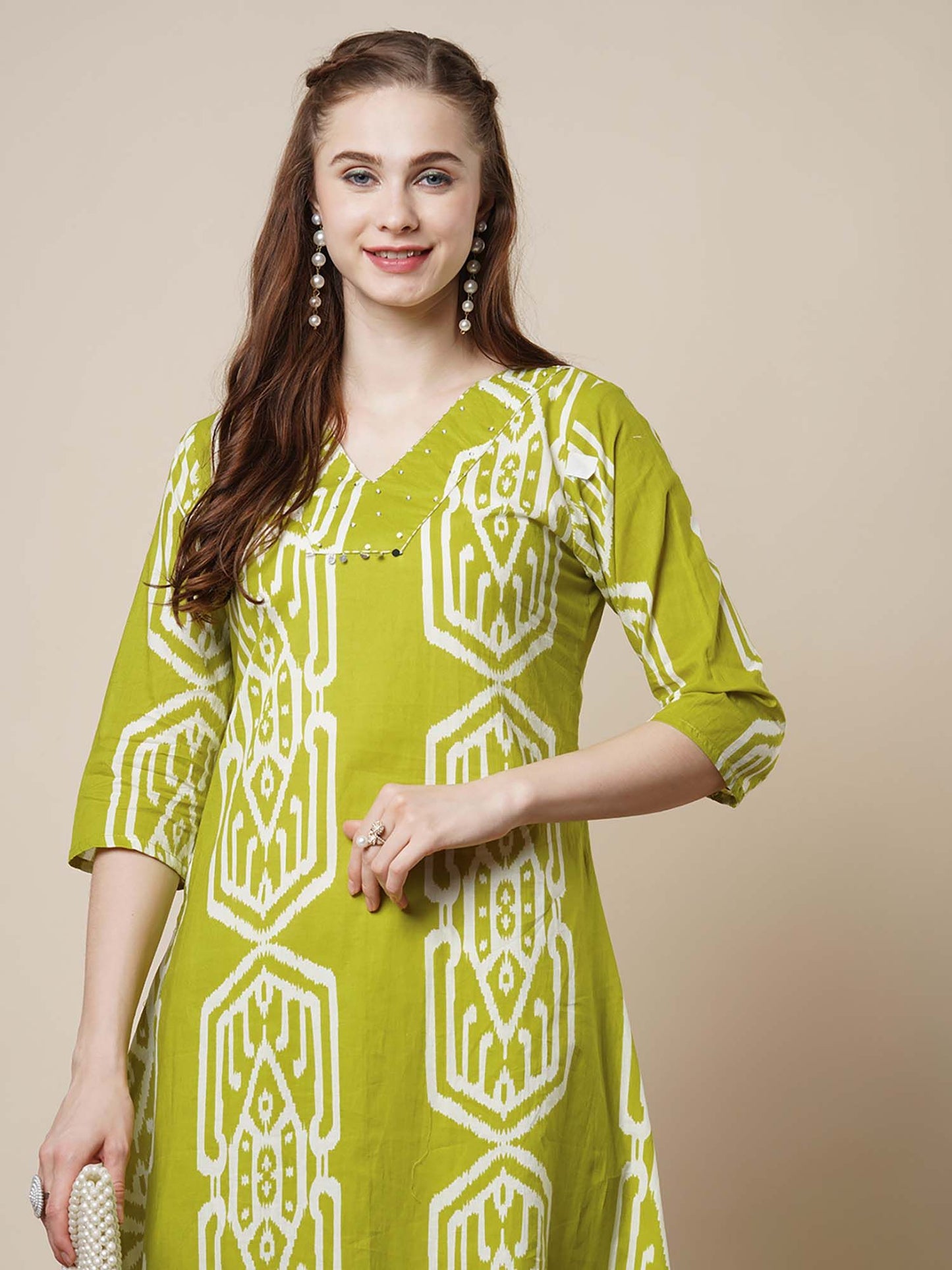 Ethnic Ikat Printed A-Line Flared Co-Ord - Lime Green (Set of 2)
