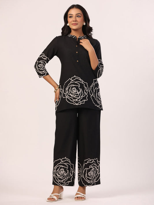 Black Printed Top with Pant (Set of 2)