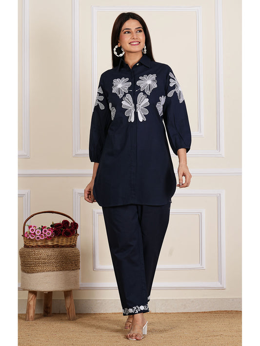 Blue Embroidered Shirt with Pant (Set of 2)