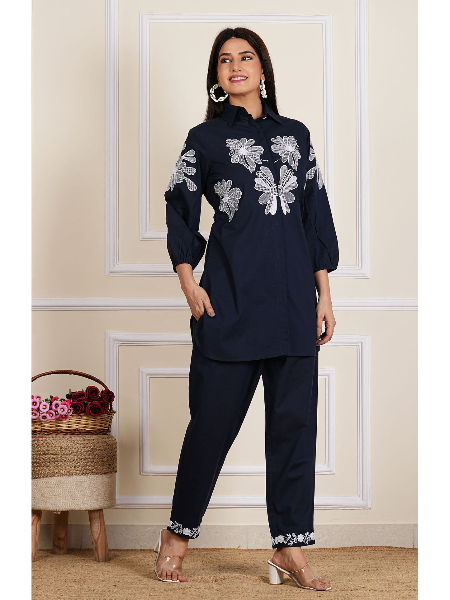 Blue Embroidered Shirt with Pant (Set of 2)