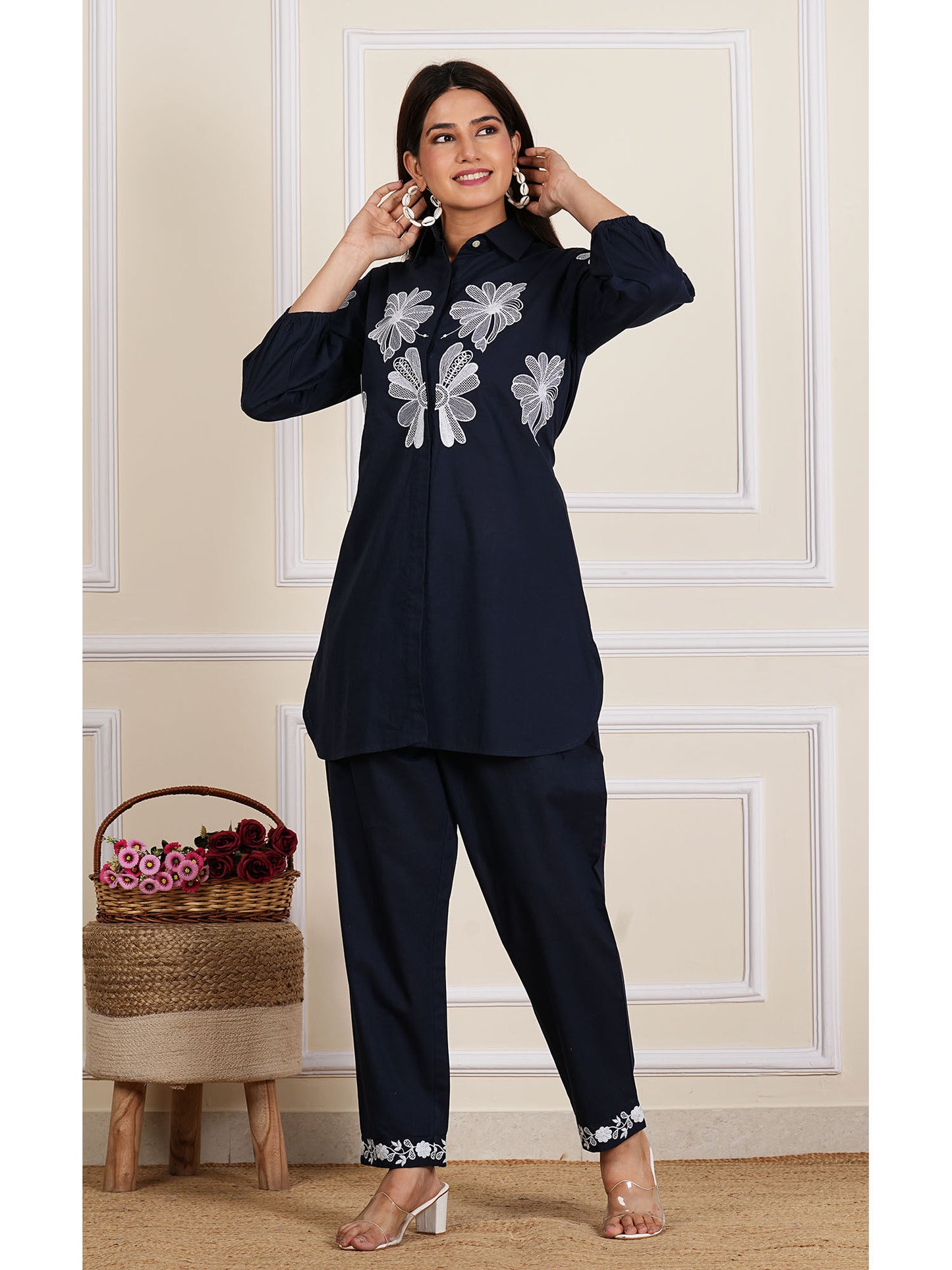 Blue Embroidered Shirt with Pant (Set of 2)