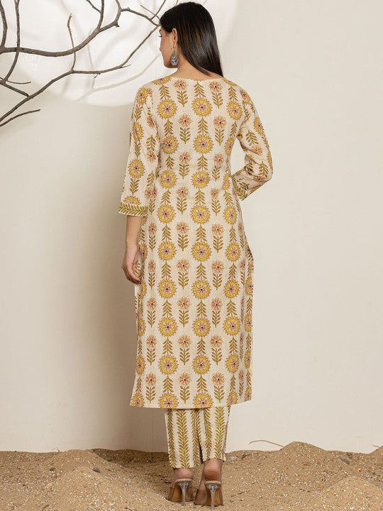 Yufta Round Neck Floral Printed Gotta Patti Pure Cotton Kurta with Trouser & Dupatta
