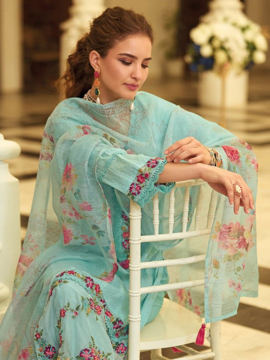 Varanga Women Floral Printed Cotton Kurta with Trousers & Dupatta