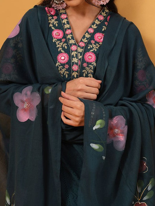Ishin Women Floral Embroidered Regular Pure Cotton Kurta & Trousers With Floral Dupatta