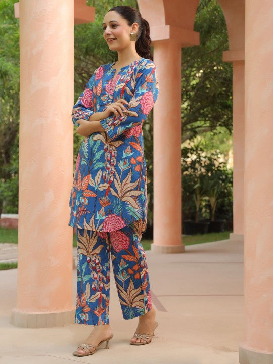 Floral Printed Pure Cotton Tunic With Trouser