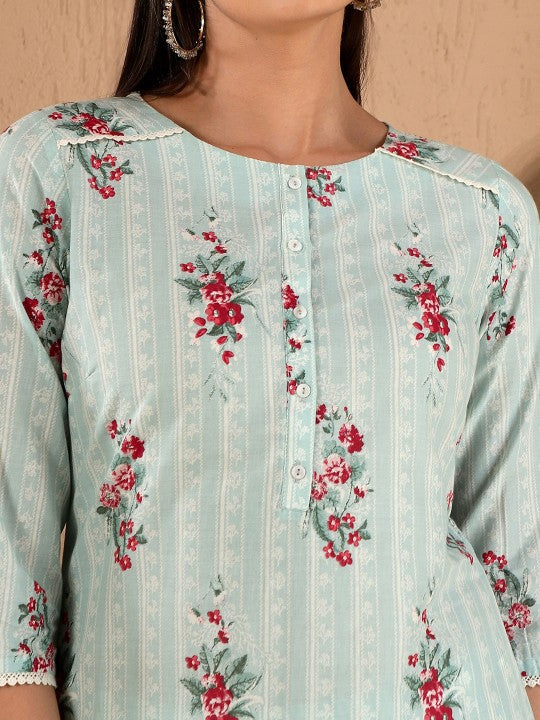 W Floral Print Cotton Kurta With Straight Pant & Dupatta