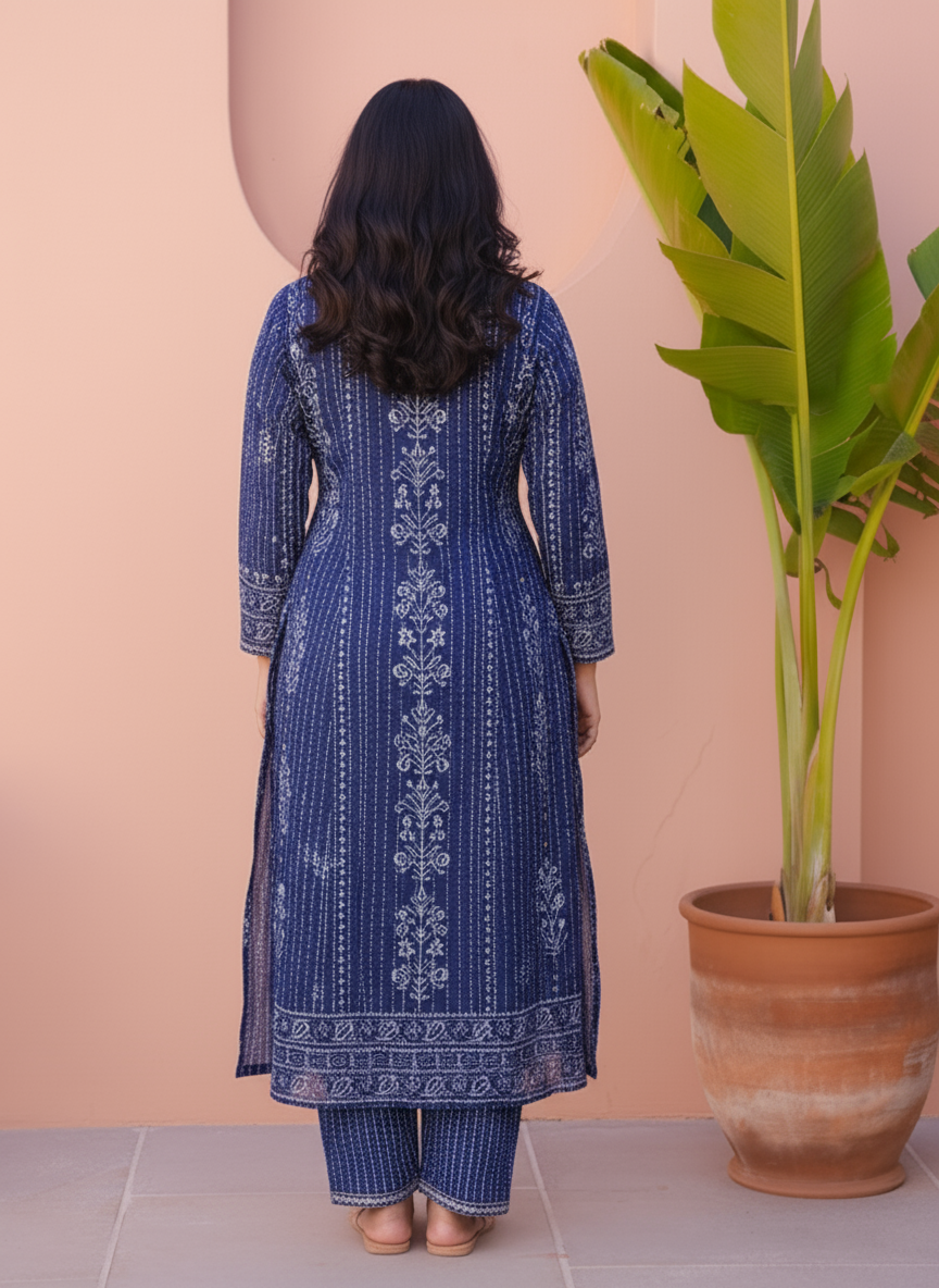 Viscose Floral Straight Indigo blue Kurta