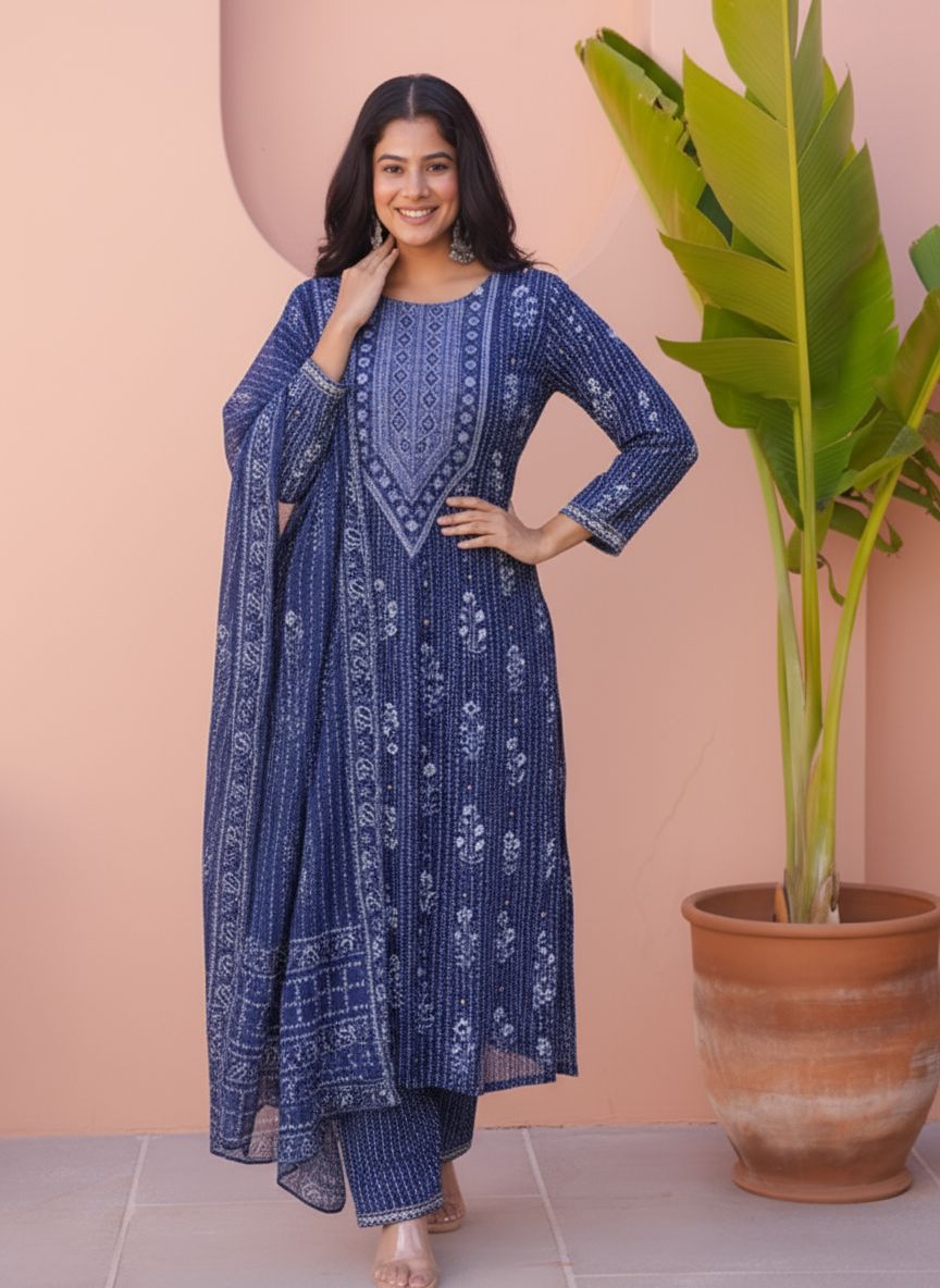 Viscose Floral Straight Indigo blue Kurta