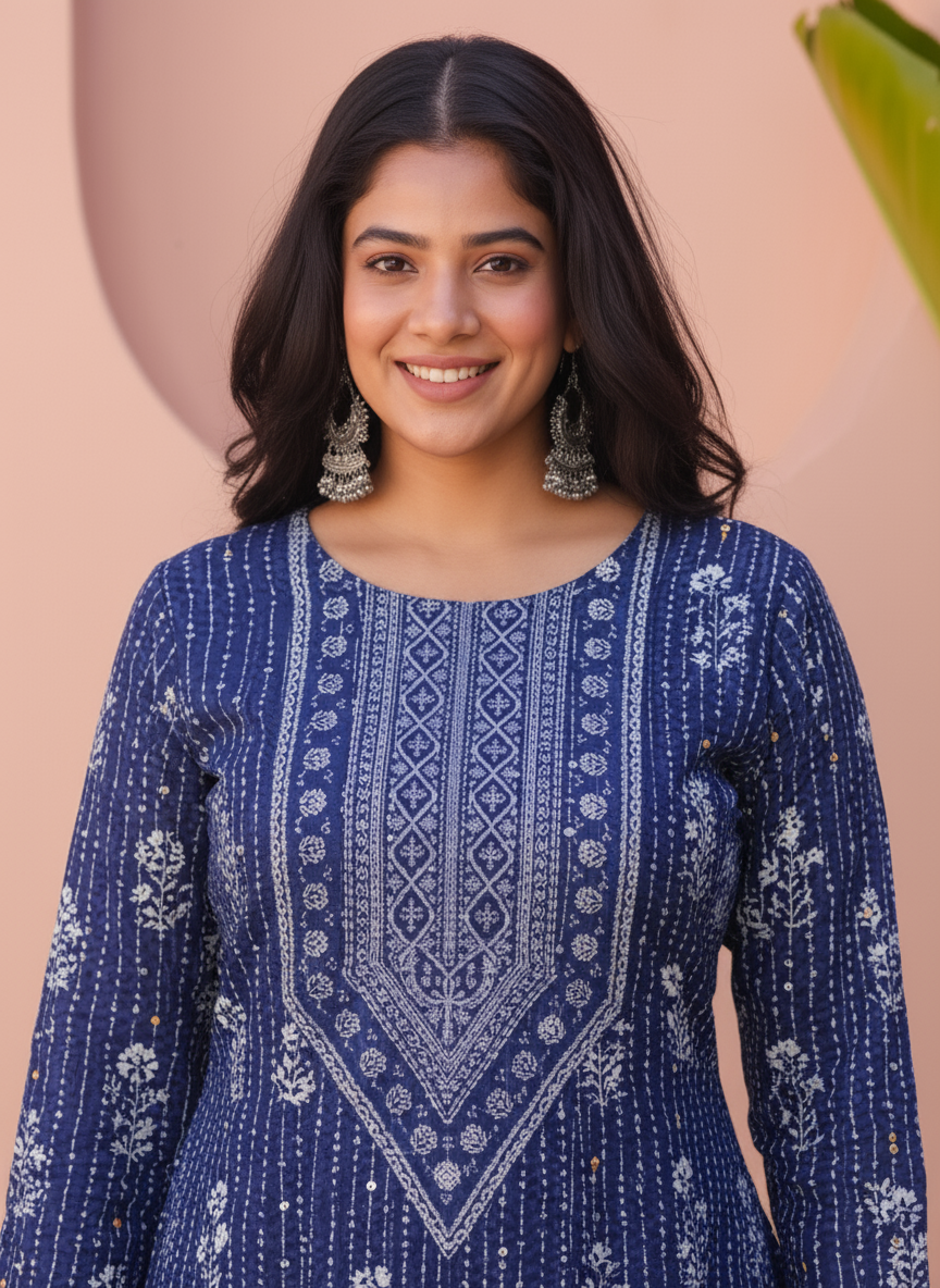 Viscose Floral Straight Indigo blue Kurta