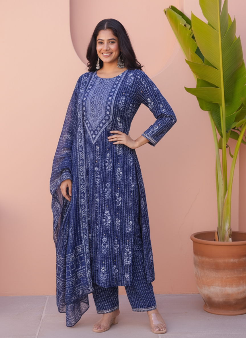 Viscose Floral Straight Indigo blue Kurta