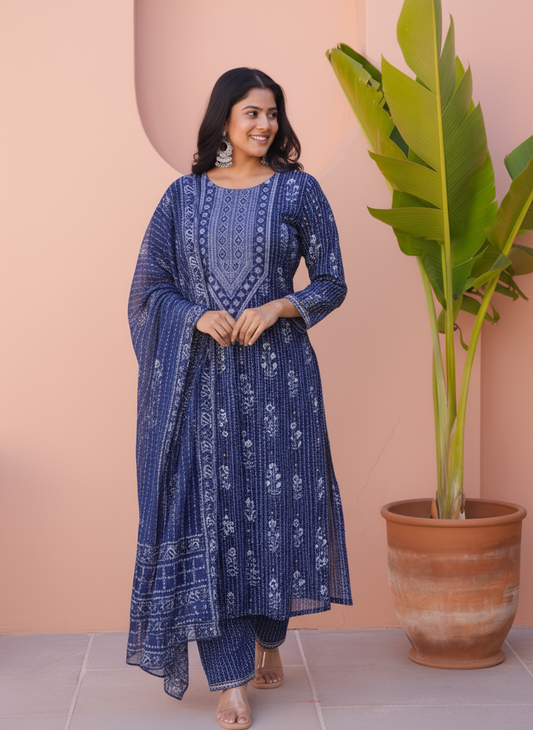 Viscose Floral Straight Indigo blue Kurta