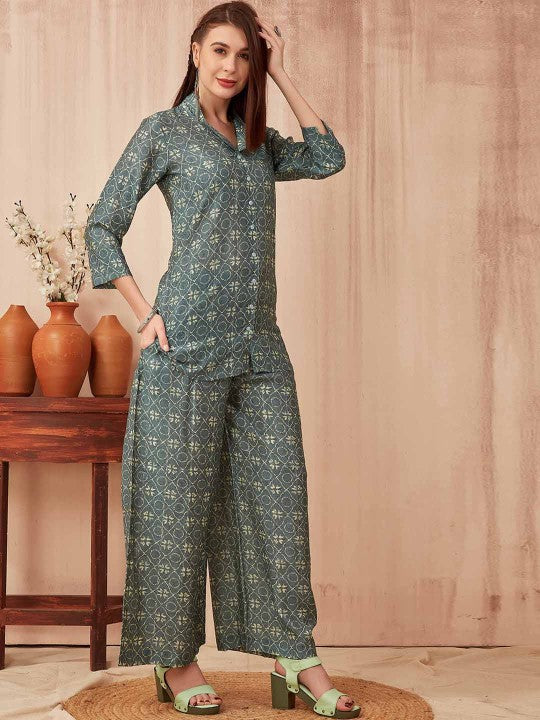 CHANSI Casual Printed V-Neck Tunic & Trousers