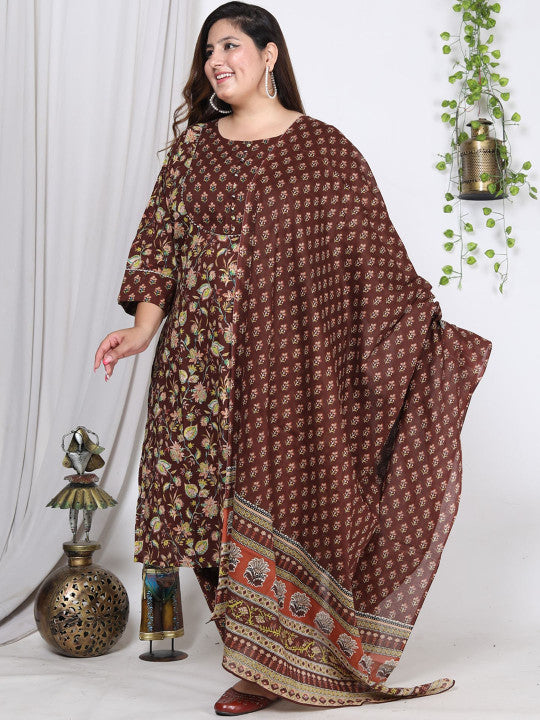 Swasti Plus Size Floral Printed Pure Cotton Kurta With Trousers & Dupatta
