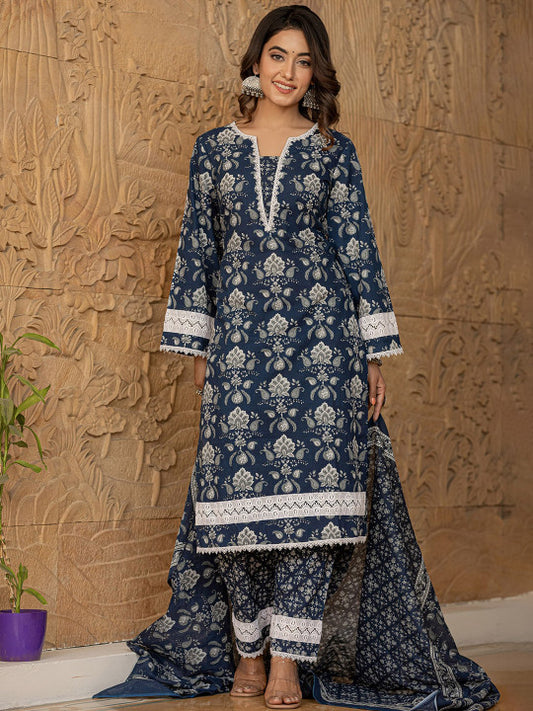 Yufta Floral Yoke Design Regular Pure Cotton Kurta with Trousers & With Dupatta