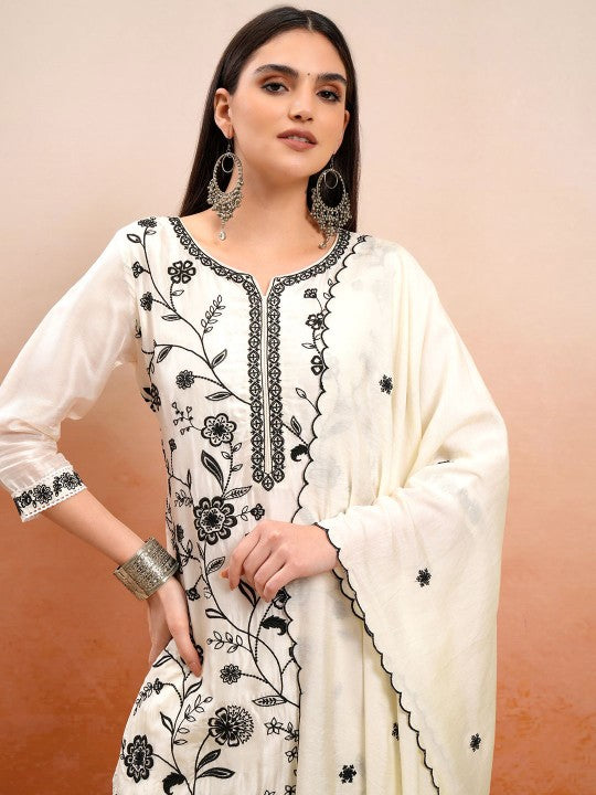 Vishudh Floral Embroidered Regular Thread Work Kurta with Trouser & Dupatta