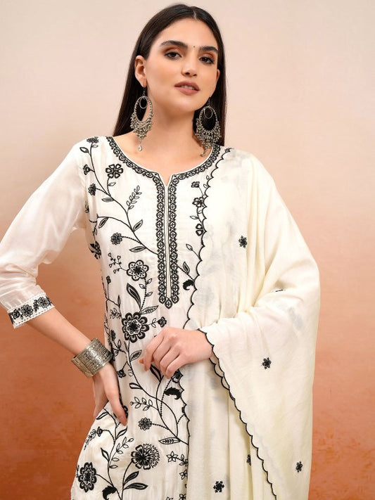 Vishudh Floral Embroidered Regular Thread Work Kurta with Trouser & Dupatta
