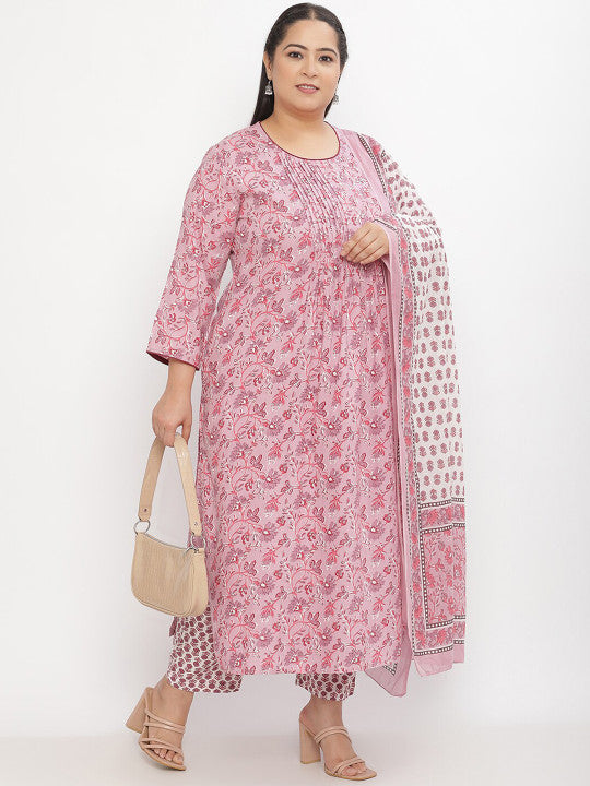Sringam Plus Size Floral Printed Regular Kurta With Trousers & With Dupatta