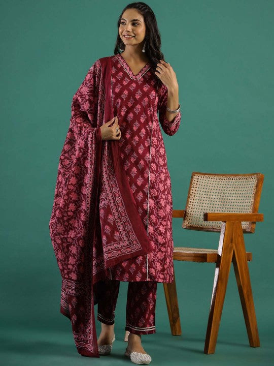 Printed Pure Cotton Straight Kurta With Trouser & Dupatta Set