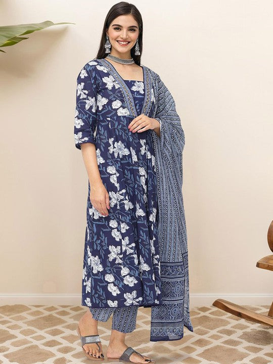 Ishin Floral Printed Pure Cotton Kurta with Trousers & Dupatta