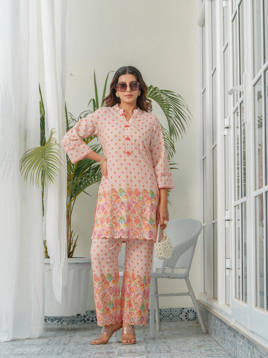 Floral Printed Pure Cotton Mandarin Collar Co-Ord Set