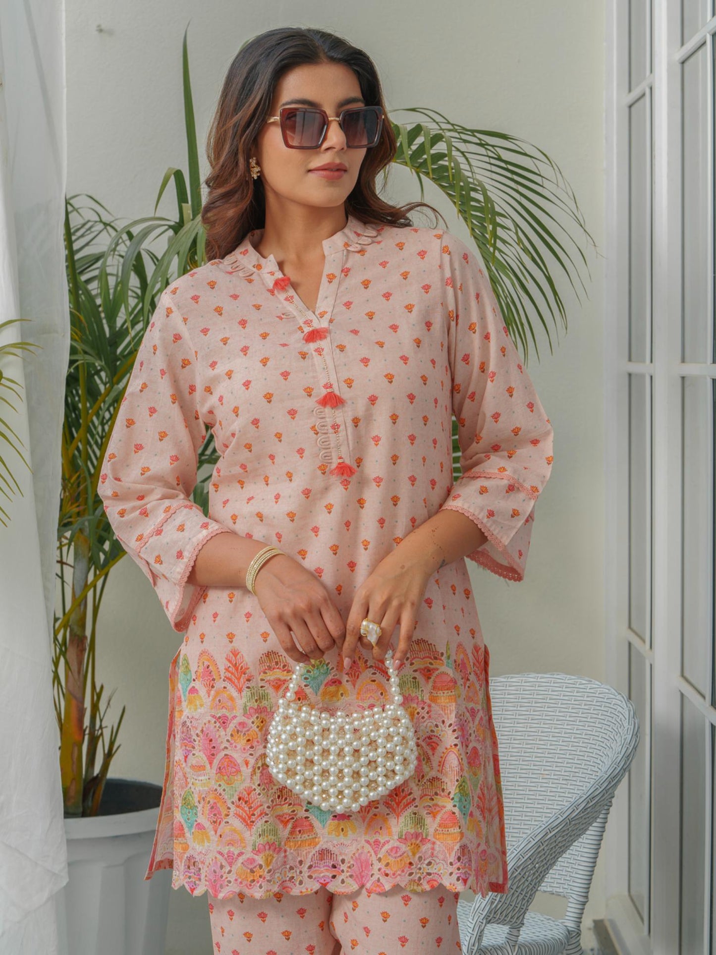 Floral Printed Pure Cotton Mandarin Collar Co-Ord Set