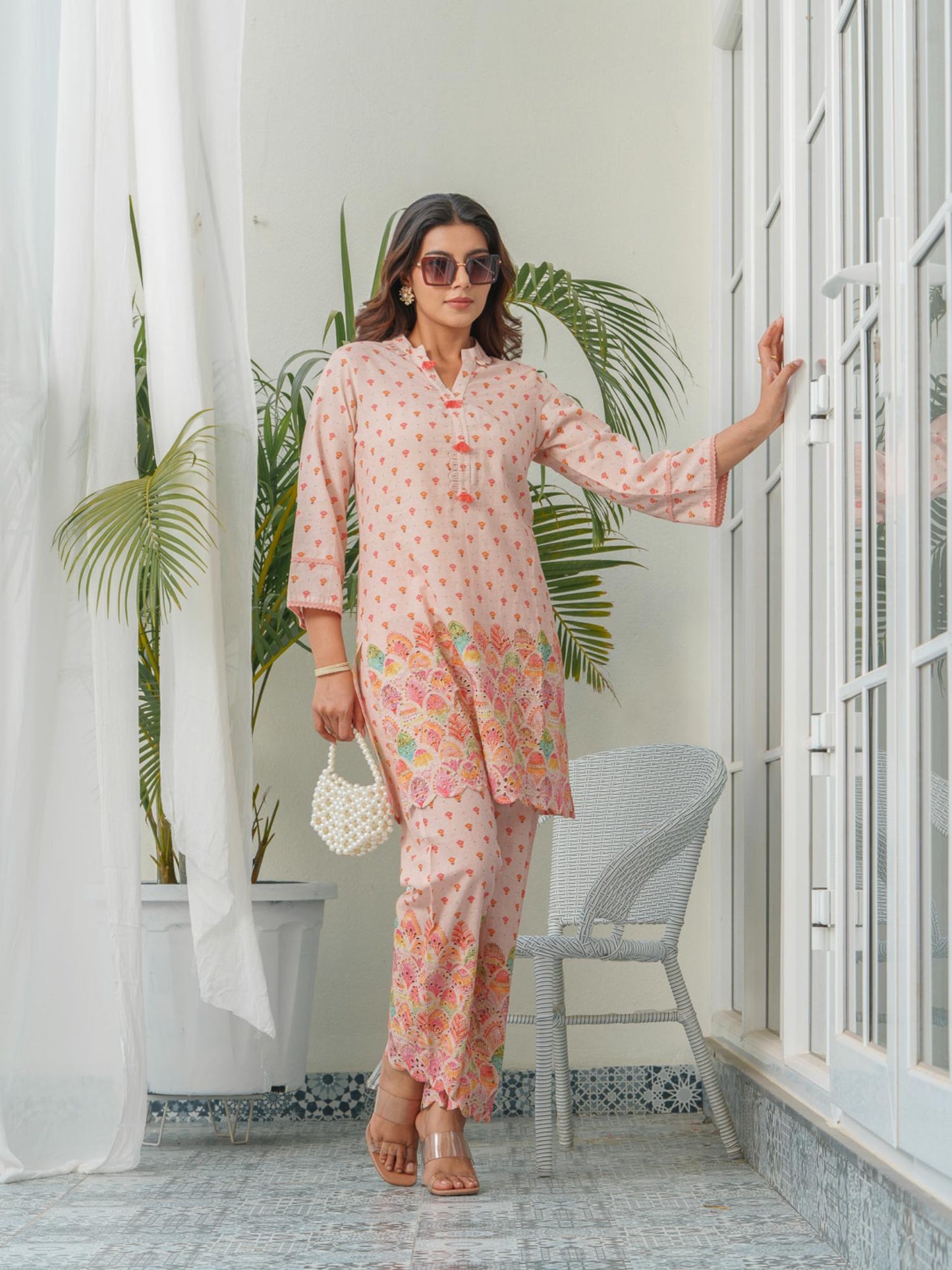 Floral Printed Pure Cotton Mandarin Collar Co-Ord Set