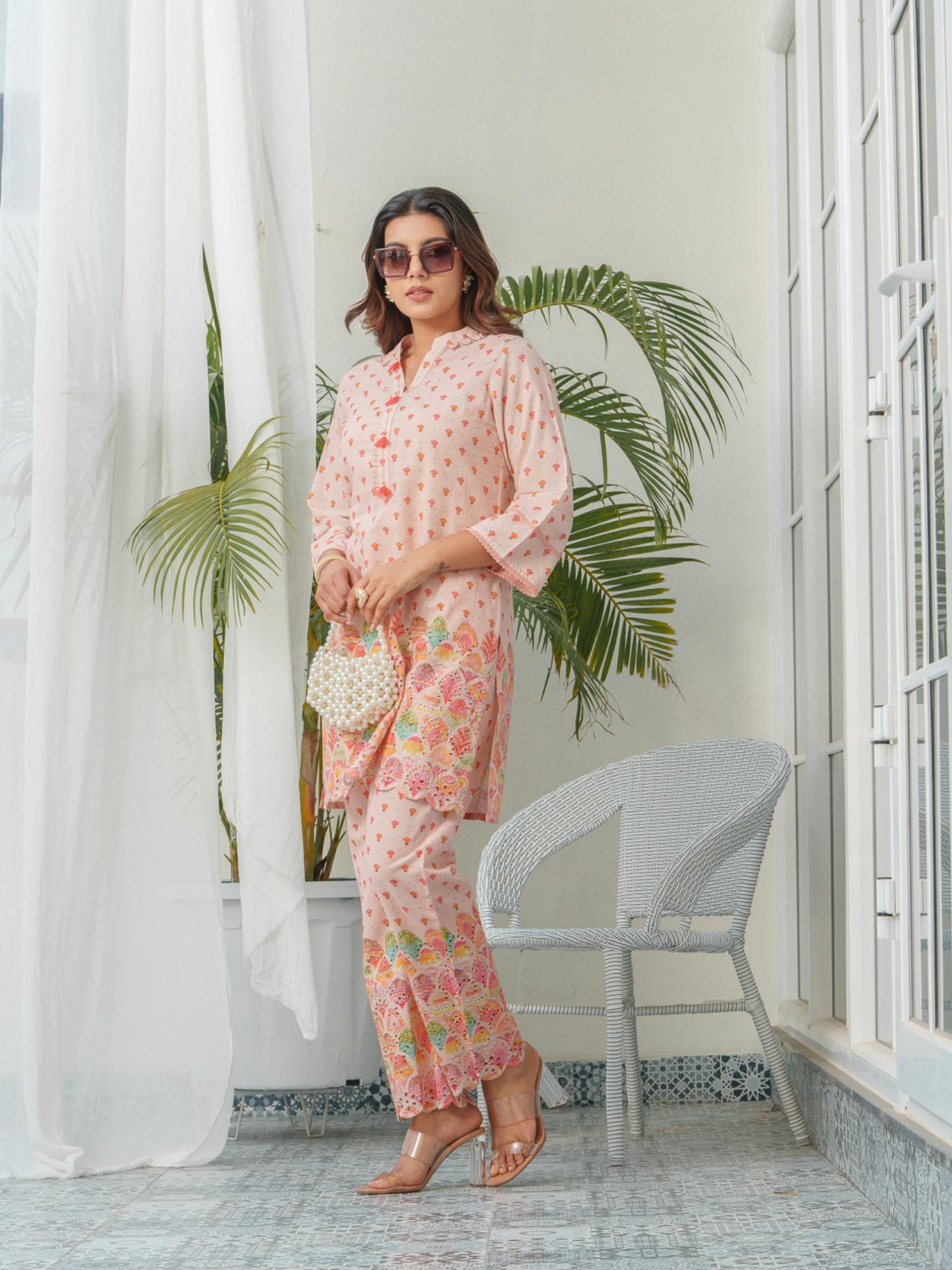 Floral Printed Pure Cotton Mandarin Collar Co-Ord Set
