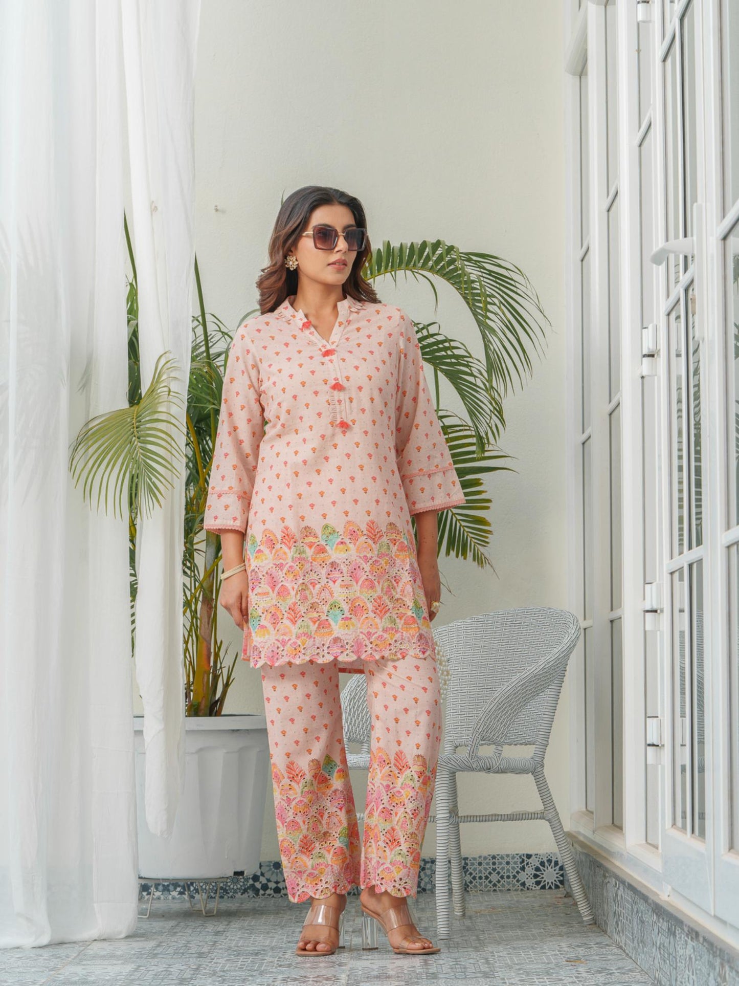 Floral Printed Pure Cotton Mandarin Collar Co-Ord Set